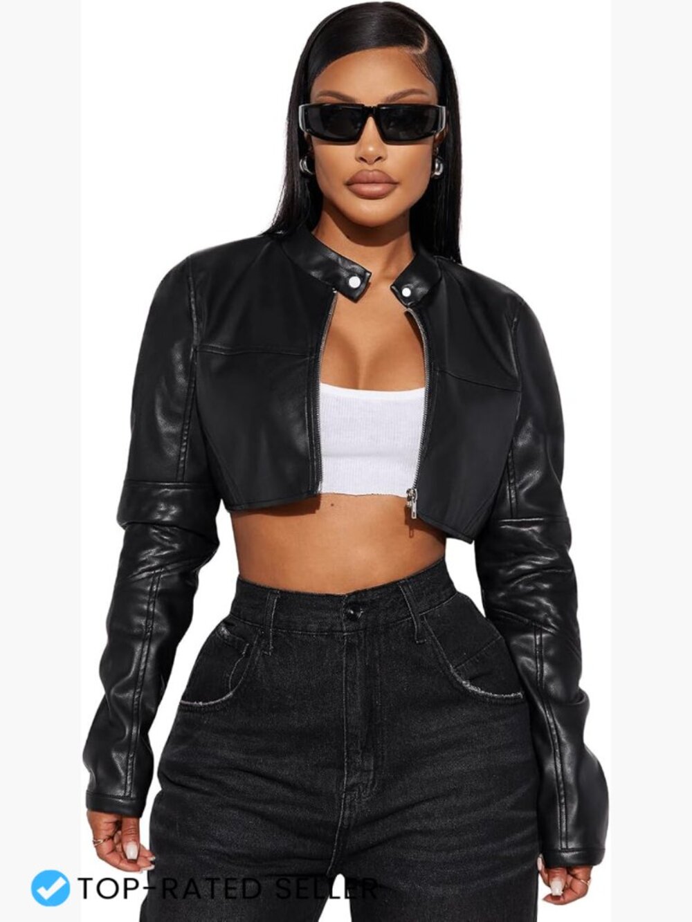 Cropped Faux Leather Moto Jacket Women Y2K Edgy Zip Up Bomber Short Coat
